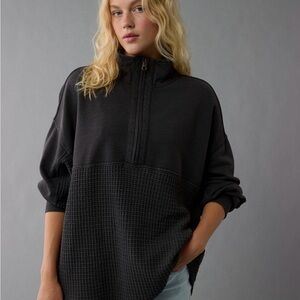 American Eagle Outfitters Black Waffle-Knit Half-Zip Pullover